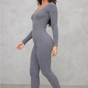 PrettyLittleThing Charcoal Ribbed Jumpsuit